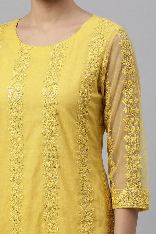 Yellow Embroidered Net Kurti Pant Set (AHKUNTEMB-1169-DS)