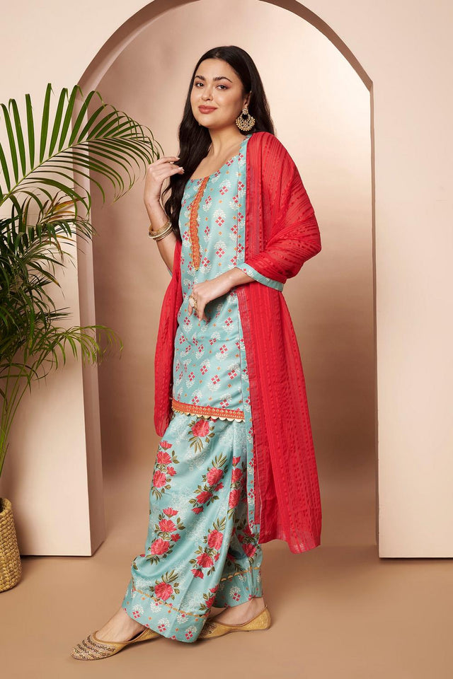 Green Floral Printed Silk Blend Kurti Palazzo Set (AHKUSLDU-COMBO-1166)