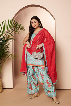 Green Floral Printed Silk Blend Kurti Palazzo Set (AHKUSLDU-COMBO-1166)