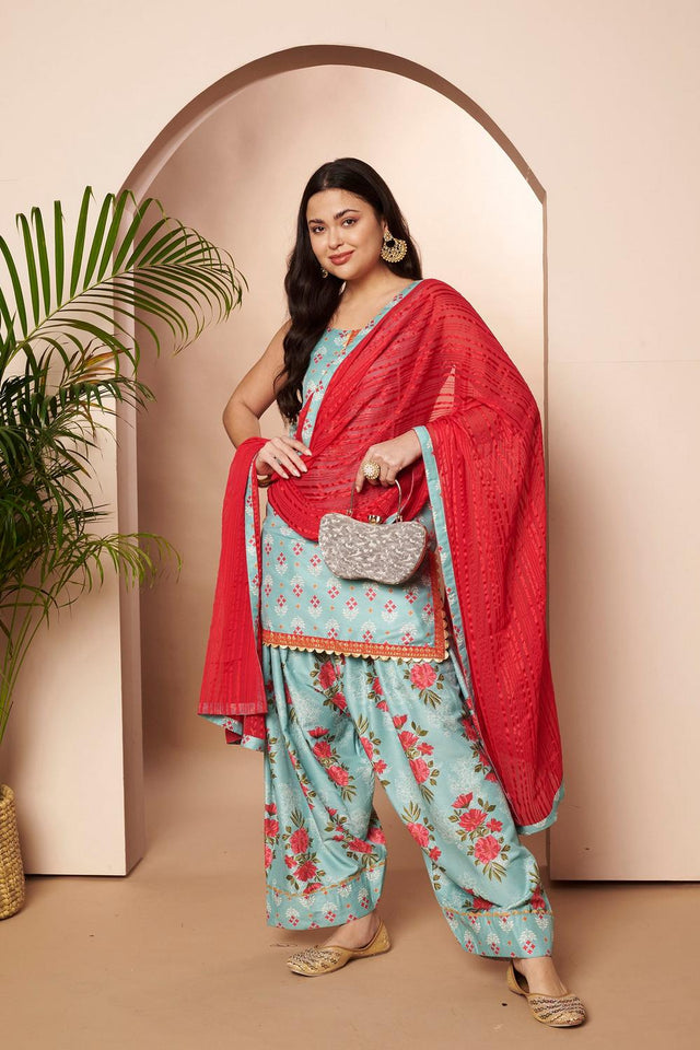 Green Floral Printed Silk Blend Kurti Palazzo Set (AHKUSLDU-COMBO-1166)