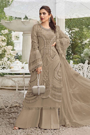 Brown Floral Embroidered Georgette Palazzo Suits