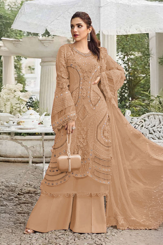Peach Floral Embroidered Georgette Palazzo Suits