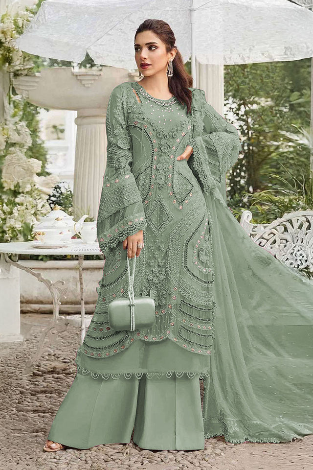 Green Floral Embroidered Georgette Palazzo Suits