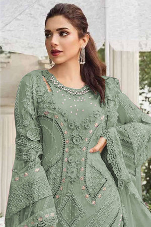 Green Floral Embroidered Georgette Palazzo Suits