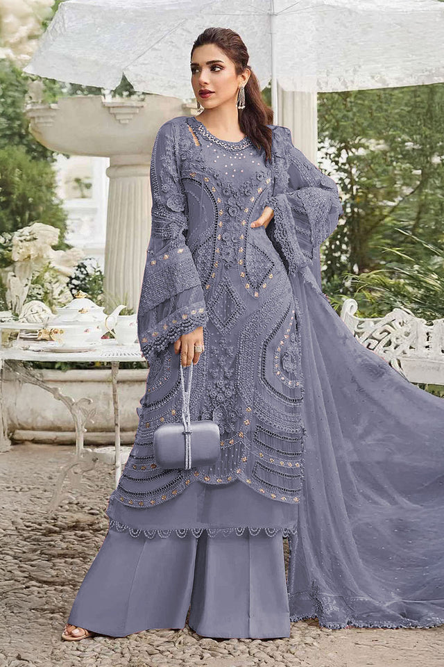 Violet Floral Embroidered Georgette Palazzo Suits