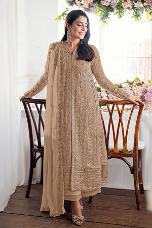 Beige Floral Embroidered Georgette Palazzo Suits