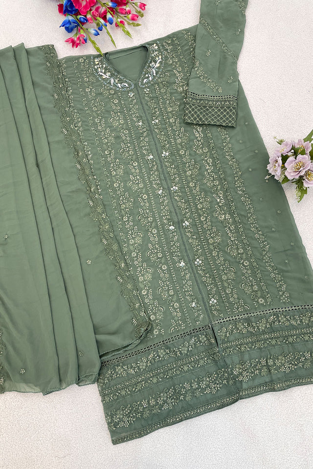 Green Floral Embroidered Georgette Palazzo Suits