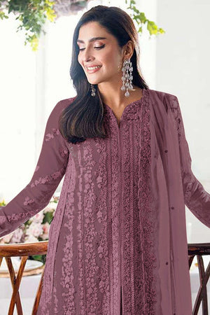 Mauve Floral Embroidered Georgette Palazzo Suits