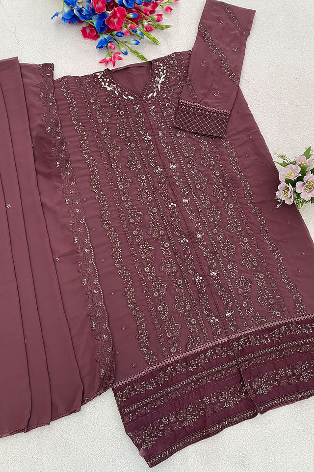Mauve Floral Embroidered Georgette Palazzo Suits