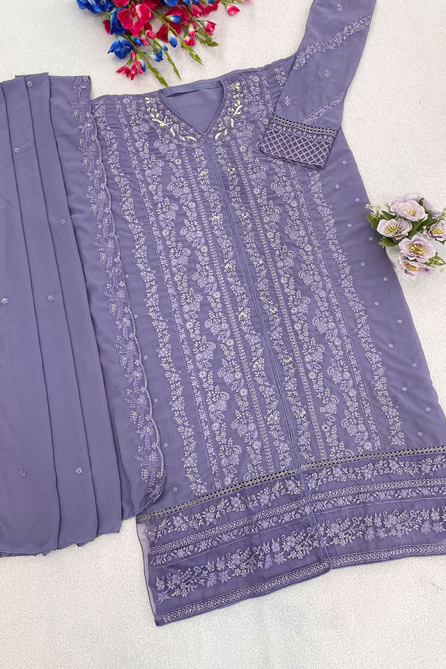 Violet Floral Embroidered Georgette Palazzo Suits
