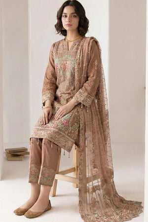 Brown Embroidered Georgette Kurti Pant Set