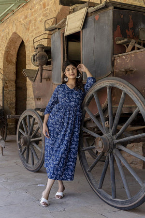 Blue Printed Cotton Dress (AM-BER3144)