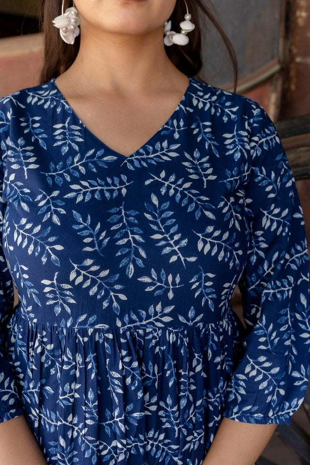 Blue Printed Cotton Dress (AM-BER3144)