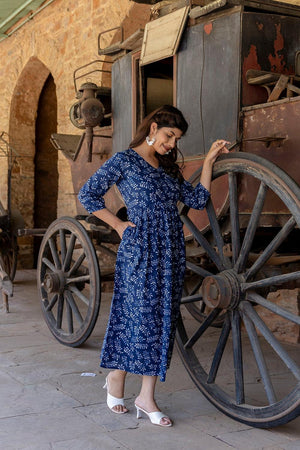 Blue Printed Cotton Dress (AM-BER3144)