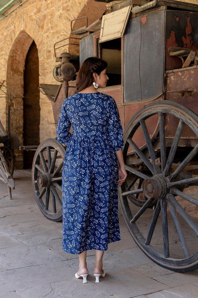 Blue Printed Cotton Dress (AM-BER3144)