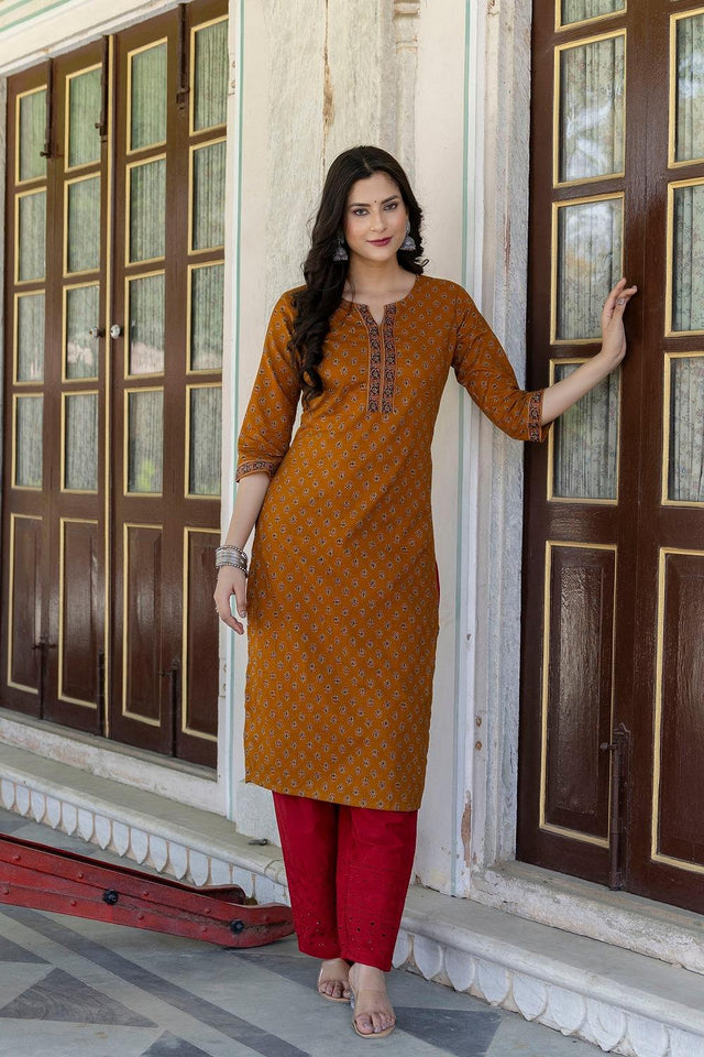 Mustard Printed Cotton Kurti (AM-BER3277)