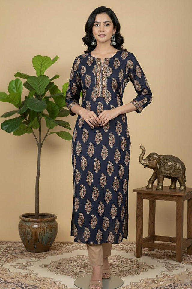 Navy Blue Printed Cotton Kurti (AM-BER3308)