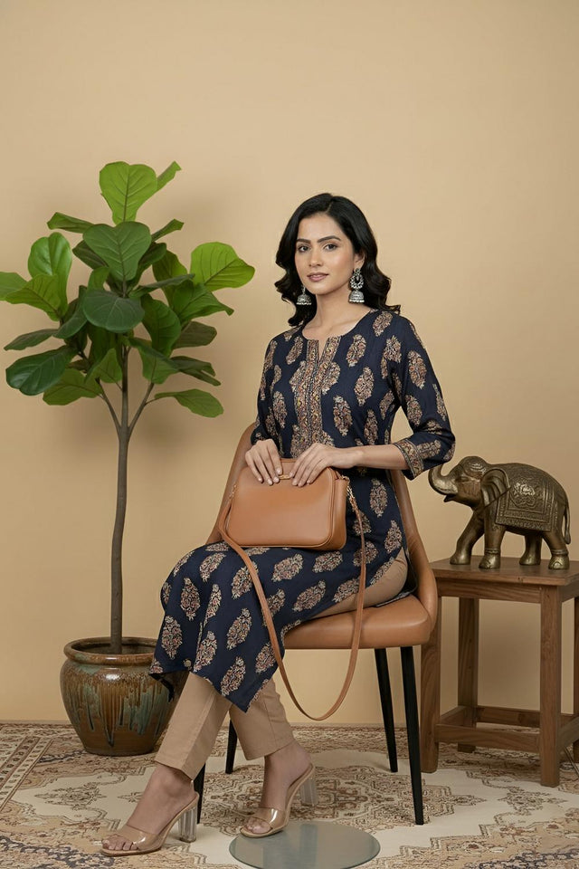 Navy Blue Printed Cotton Kurti (AM-BER3308)