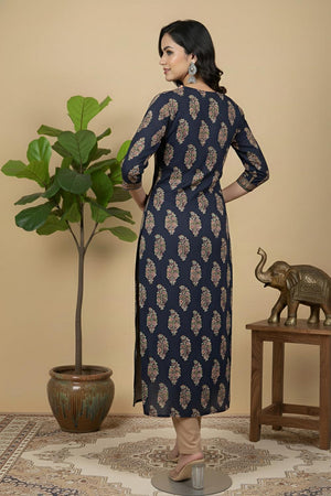 Navy Blue Printed Cotton Kurti (AM-BER3308)
