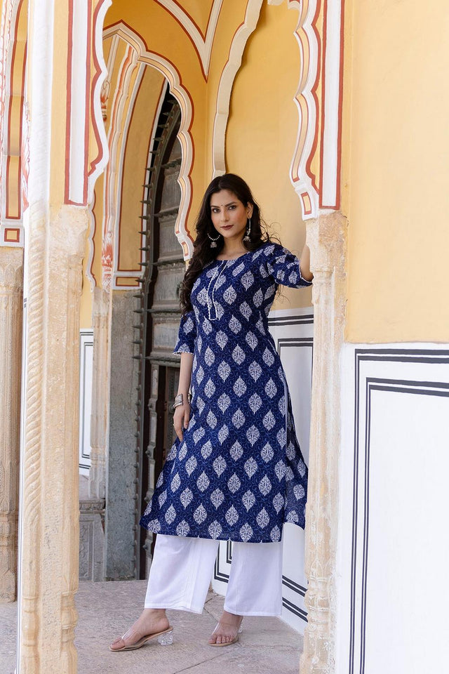 Navy Blue Printed Cotton Kurti (AM-BER3325)