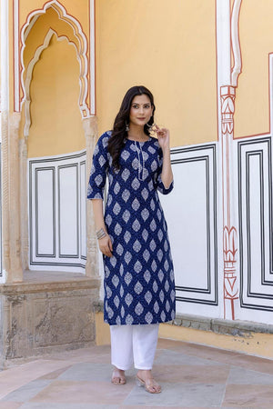 Navy Blue Printed Cotton Kurti (AM-BER3325)