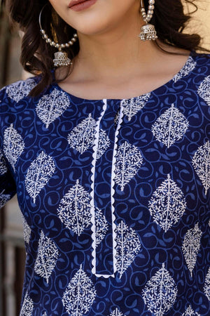 Navy Blue Printed Cotton Kurti (AM-BER3325)