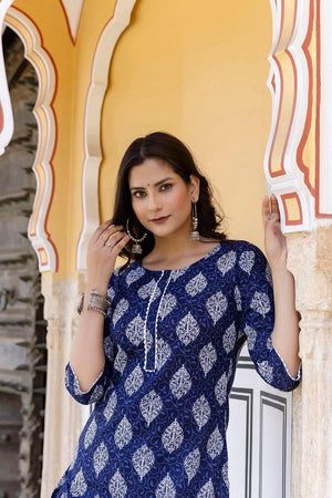 Navy Blue Printed Cotton Kurti (AM-BER3325)