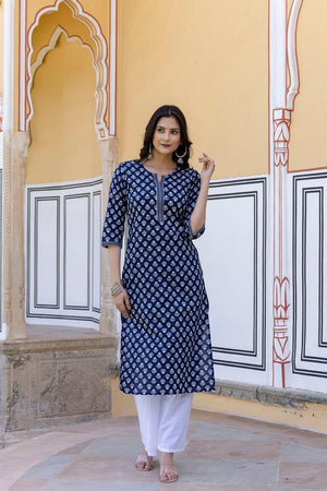 Blue Floral Printed Cotton Kurti (AM-BER3352)