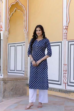 Blue Floral Printed Cotton Kurti (AM-BER3352)