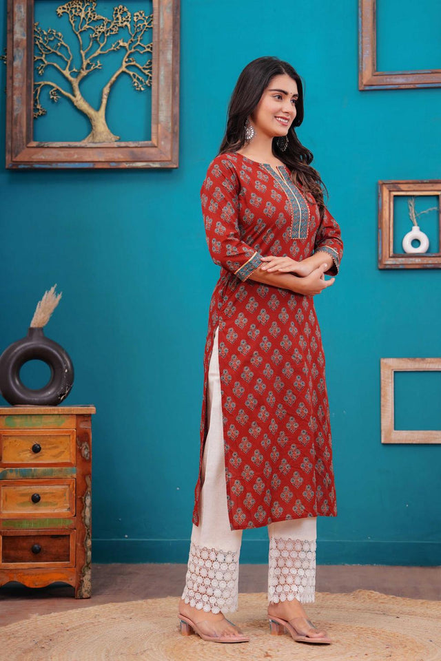 Maroon Floral Printed Cotton Kurti (AM-BER3486)