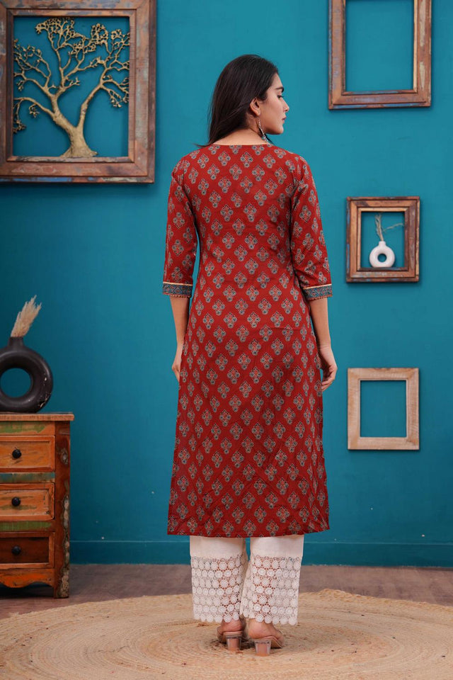 Maroon Floral Printed Cotton Kurti (AM-BER3486)