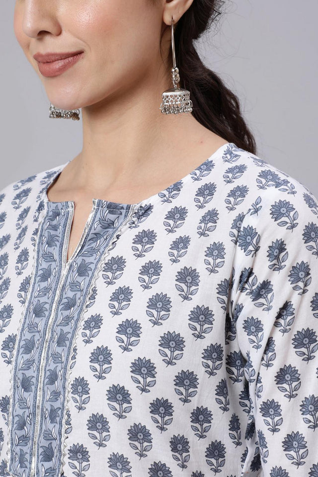 Off White Floral Printed Cotton Kurti (AM-BER3491)