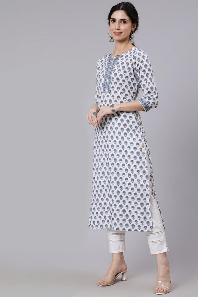 Off White Floral Printed Cotton Kurti (AM-BER3491)