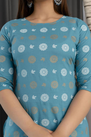 Blue Floral Printed Rayon Kurti (AM-BER3554)