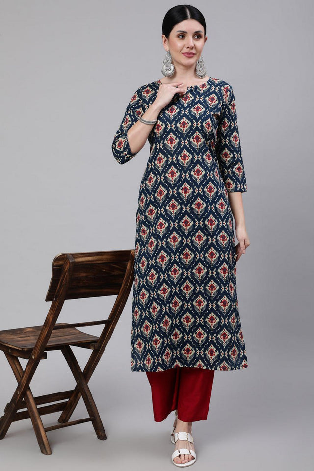 Blue Printed Cotton Kurti (AM-BER3581)