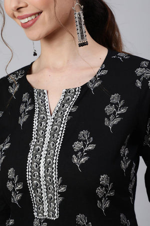 Black Floral Printed Cotton Kurti (AM-BER3618)