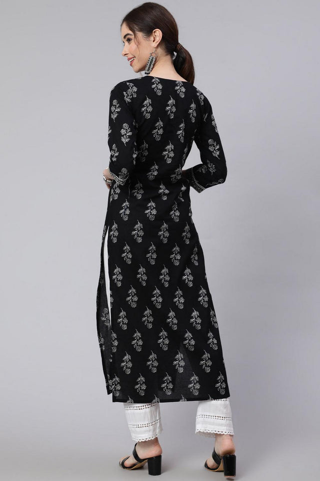 Black Floral Printed Cotton Kurti (AM-BER3618)