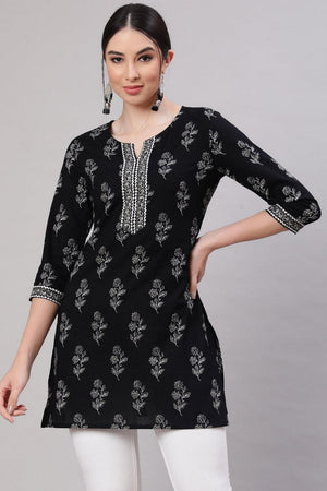 Black Floral Printed Cotton Tunic (AM-BER3736)