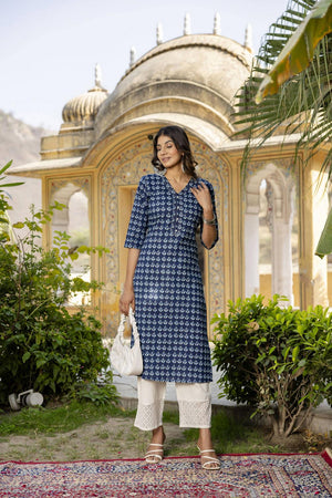 Blue Floral Printed Cotton Kurti (AM-BER3759)
