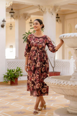 Maroon Floral Printed Cotton Dress (AM-BER3780)