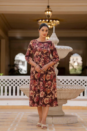 Maroon Floral Printed Cotton Dress (AM-BER3780)