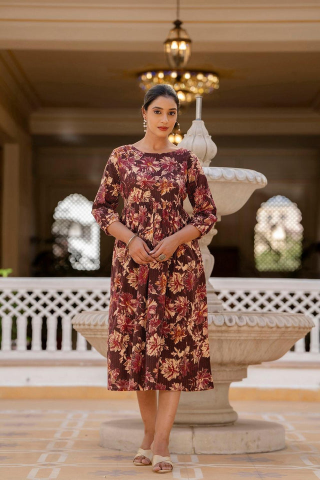 Maroon Floral Printed Cotton Dress (AM-BER3780)