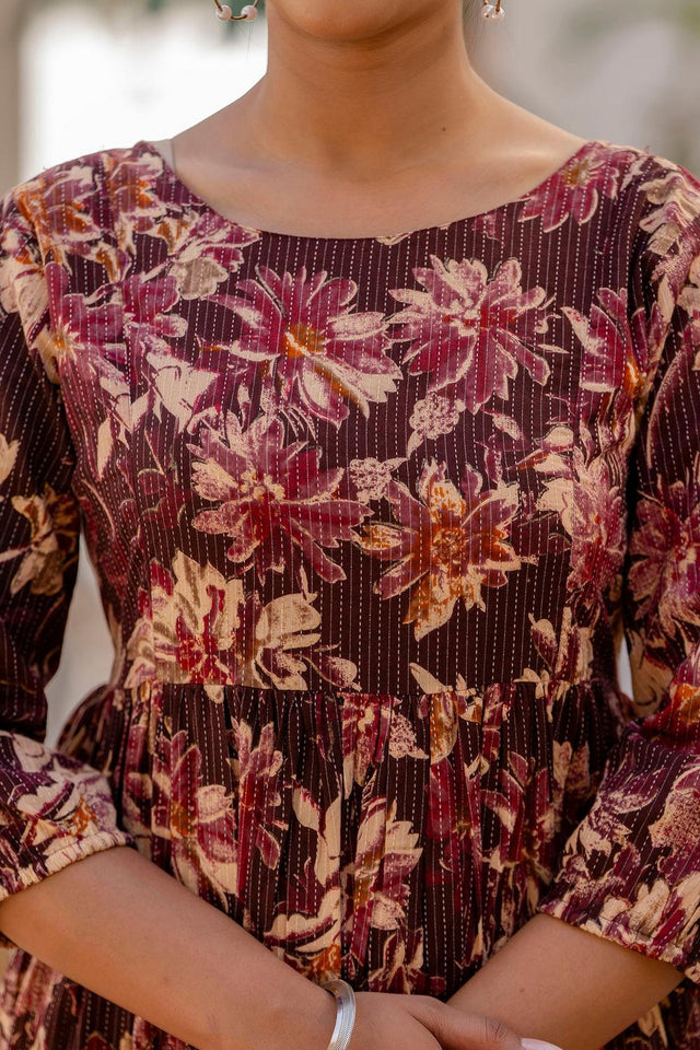 Maroon Floral Printed Cotton Dress (AM-BER3780)