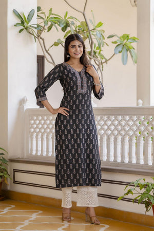 Black Floral Printed Cotton Kurti (AM-BER3784)