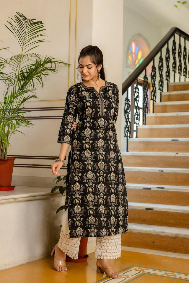 Black Floral Printed Cotton Kurti (AM-BER3801)