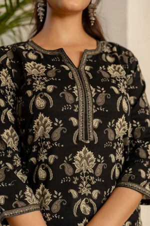 Black Floral Printed Cotton Kurti (AM-BER3801)