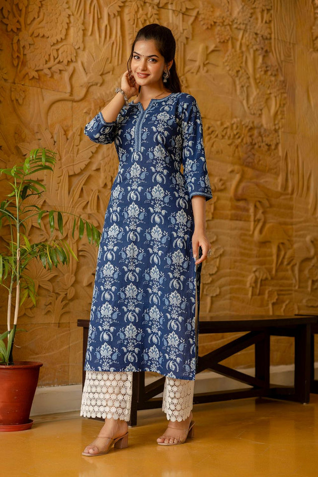 Blue Floral Printed Cotton Kurti (AM-BER3802)