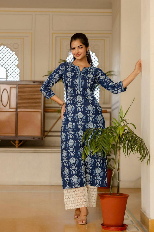 Blue Floral Printed Cotton Kurti (AM-BER3802)