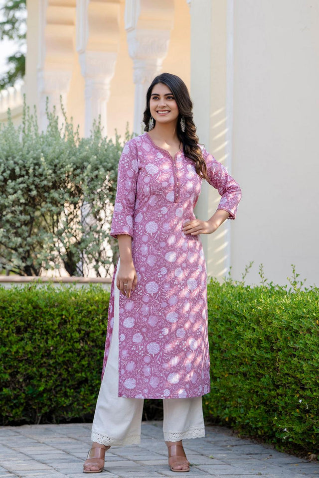Mauve Floral Printed Cotton Kurti (AM-BER3803)