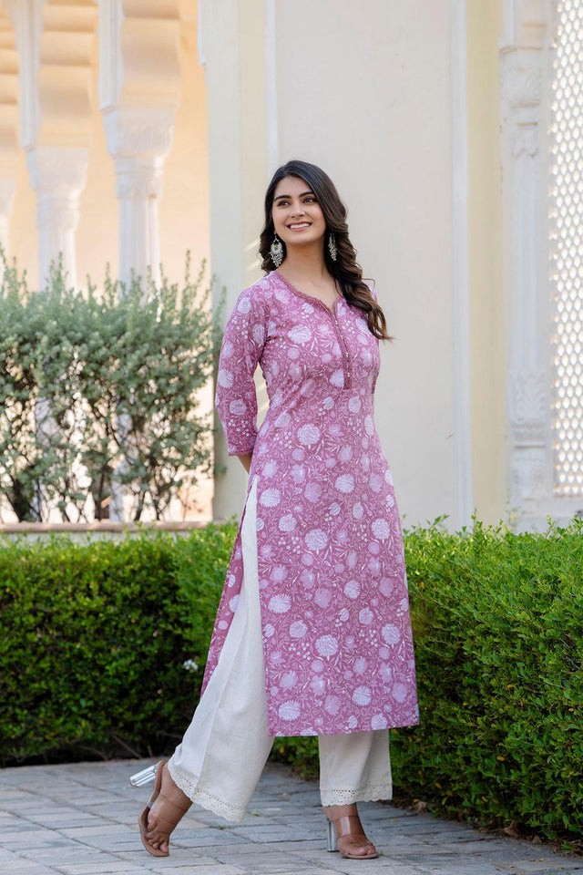 Mauve Floral Printed Cotton Kurti (AM-BER3803)
